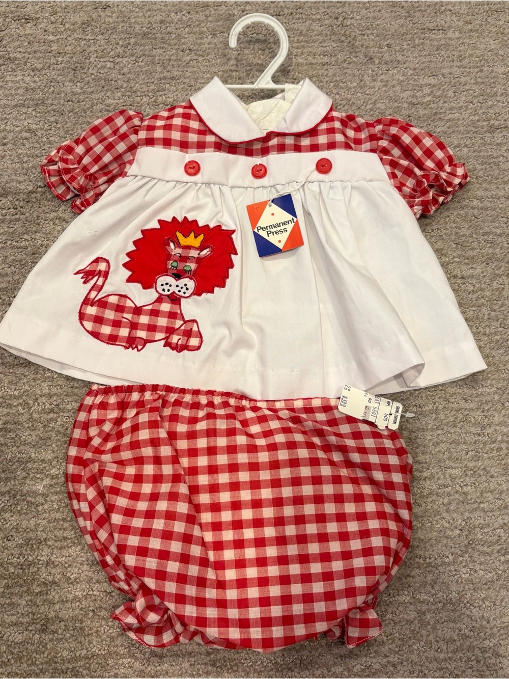 NWT Vintage Baby Girl Red Gingham Lion Two Piece Set - Size 12m